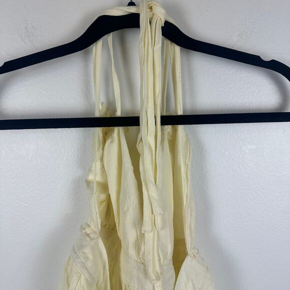 Womens Textured Lace Halter Tie Babydoll Lined Tiered Cream Mini Dress Small - Picture 5 of 8